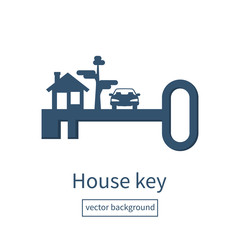 Obraz premium Key home silhouette. Vector illustration flat design. Template for sale, rent home, advertising. Key new life, pictogram. Sign in house.