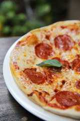 peperoni pizza on wood background