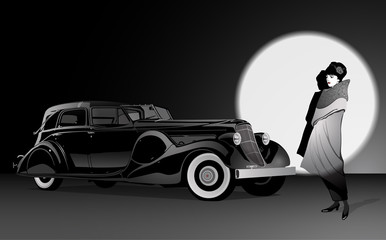 Woman in a spotlight on a black retro car background