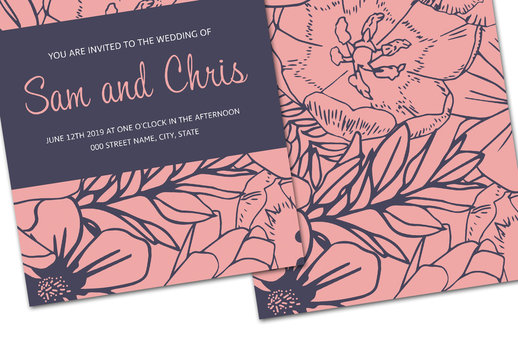 Pink and Dark Blue Floral Wedding Invitation Layout