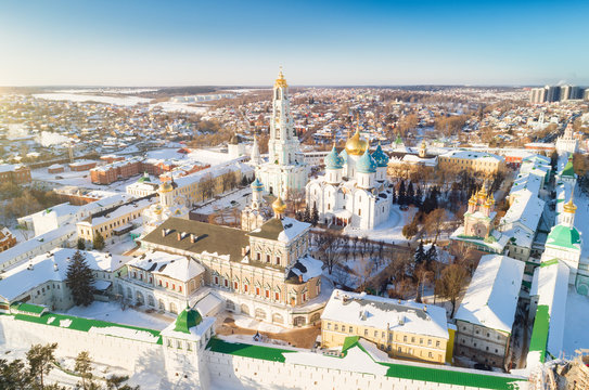 Aerial view on Trinity St. Sergy Monastery at winter sunny day. Sergiev Posad, Russia