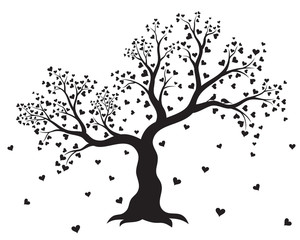 Vector illustration of decorative, abstract tree with hearts and couple of birds in black color on white background. Wall sticker. 