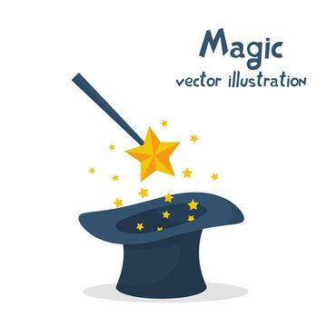 Magic hat and wand with sparkles. Abracadabra cartoon. Magical stars glow. Vector illustration flat design. Isolated on white background. Tricks, focus and illusions.