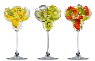 fresh fruit alcohol cocktail or mocktail in classic margaritta glass with ice, strawberry, kiwi, orange and mint isolated on white background