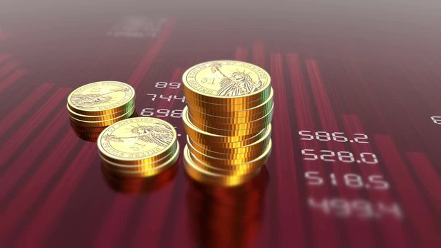 Financial chart and budget. Shiny dollar coins stack in blurred animated camera view. Computer generated 4K video.
