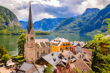 Fantastic view on Hallstatt village and alpine lake, Austrian Alps,  Salzkammergut, Austria, Europe