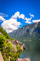 Fototapeta premium Fantastic view on Hallstatt village and alpine lake, Austrian Alps, Salzkammergut, Austria, Europe