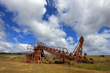 Abandoned gold dredge, near Lake Blanco, the english mechanical dredge was engaged in gold mining...