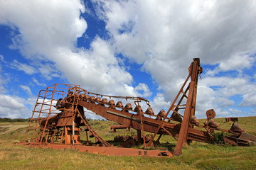 Fototapeta premium Abandoned gold dredge, near Lake Blanco, the english mechanical dredge was engaged in gold mining from 1904 to 1910, Tierra Del Fuego, Patagonia, Chile