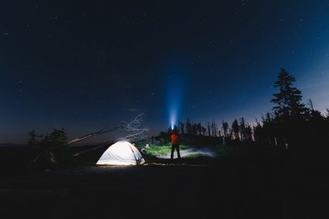 Tourist with flashlight near his camp tent at night
