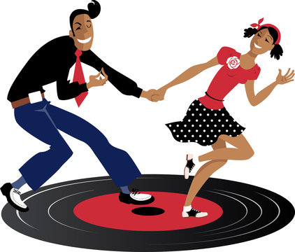 Couple dancing swing, lindy hop or rock and roll on a record, EPS 8 vector illustration