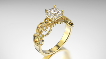 3D illustration gold ring with diamonds and  ornament