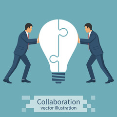 Collaboration concept. Completing business idea. Cooperation, teamwork. Successful solution puzzle. Symbol of partnership. Vector, flat design. Businessmen pushing puzzle connected in lightbulb.