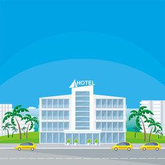 The image of beautiful big hotel in a seaside resort in an environment of tropical plants. Vector background.