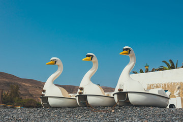 swan-shaped pedal boats on the beach, summer vacation concept