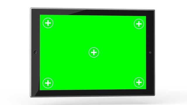 Tablet Computer With Green Screen And Luma Matte On A White Background And Tracking Targets.