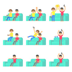 Set friends play in video game on couch in isometric flat style