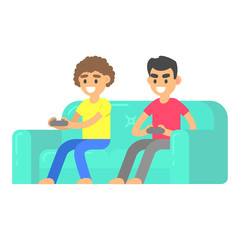 Friends play in video game on couch