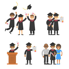 Graduate happy young afro man in black gown with diploma cartificate ceremony. Student with father and mother, about tribune and with friends