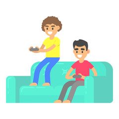 Friends play in video game on couch