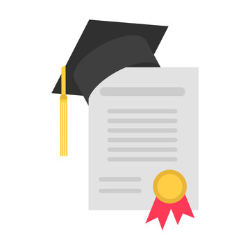 Graduate cap on diploma certificate in flat style