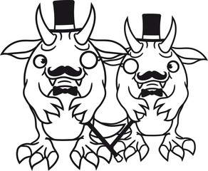 2 freunde team paar sir gentlemen zylinder hut monokel brille anzug reich herr mann drache süß niedlich komisch lustig monster klein frech böse horror comic cartoon