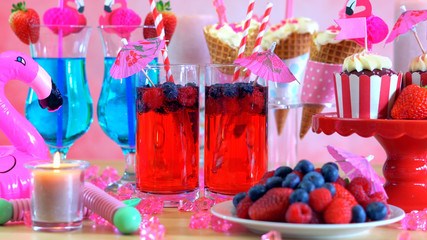 Summer party table with pink flamingo theme