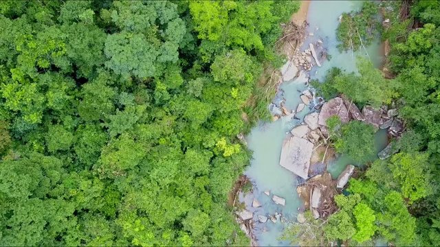Aerial View Close Motion along Jungle and Rocky River