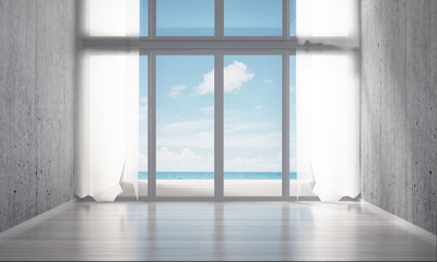 3D rendering interior design of empty white room and concrete wall and sea view