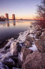 Melted ice at the end of winter season. Location: Humber Bay Park, Toronto, Ontario, Canada