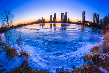 Melted ice at the end of winter season. Location: Humber Bay Park, Toronto, Ontario, Canada