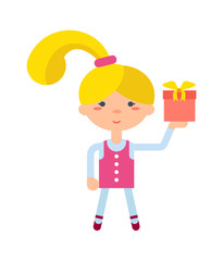 Little girl with gift box icon. Child birthday event, cute baby kid character isolated vector illustration in flat design.
