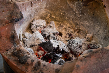 Hot stove charcoal in the fire
