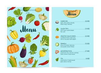 Vegan cafe food menu design vector illustration. Vegetarian restaurant menu, price catalog vegetarian nutrition, organic food shop, healthy diet retail. Menu card template with vegetable elements