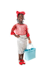 Beautiful portrait of a happy little girl with tote bag.Isolated