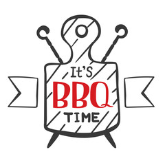 It is bbq time. Hipster logo and emblem of a restaurant barbecue on the background of a cutting board and skewers. Vector templates isolated on white background. Steak house restaurant menu design 