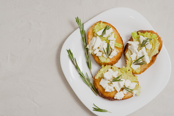 Italian bruschetta with soft cheese, tomatoes, rosemary and fresh salad on the plate. Space for text