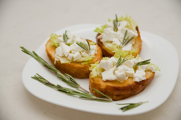 Italian bruschetta with soft cheese, tomatoes, rosemary and fresh salad on the plate. Space for text