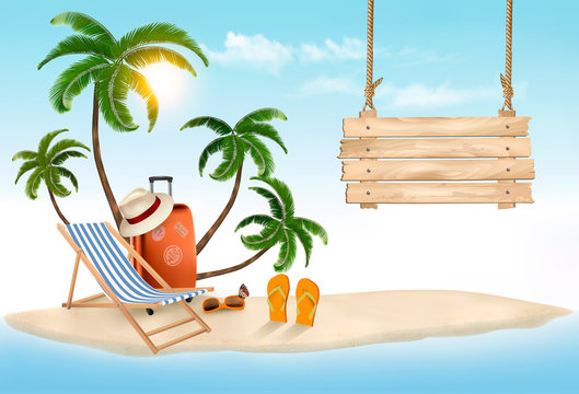 Beach with palm trees and wooden sign. Summer vacation concept background. Vector.