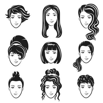 Vector set of women avatar hairstyles stylized logo set. Female hair style icons emblem.