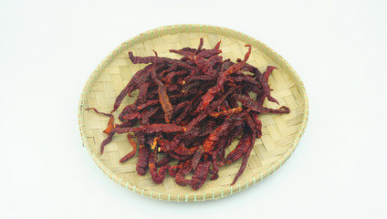 Variety weaving craft basket made of pine on white background.