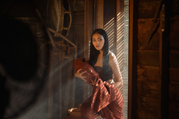 Asian woman wearing traditional thai culture,vintage style,Thailand culture,Thailand traditional suit,Thailand vintage,thailand woman,Thailand dress,Thailand