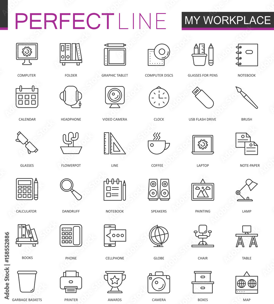 Poster Office workspace thin line web icons set. Outline stroke icons design.