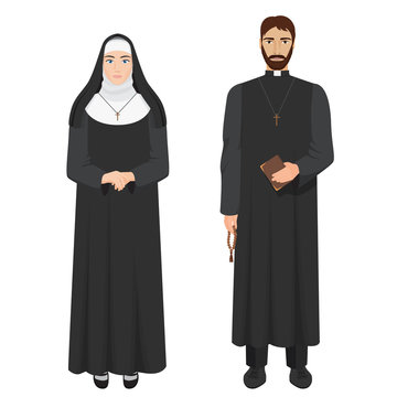 Catholic priest and nun. Realistic vector illustration.