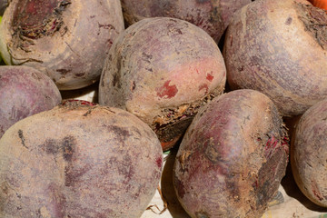 Close up of pile of beets at farmer's market