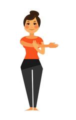 Woman in T-short and leggings does flexibility excersice