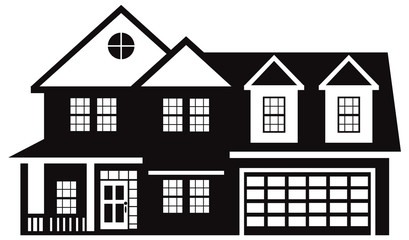 House with Two Car Garage Black White vector Illustration