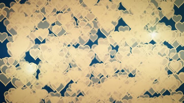 Flying hearts bokeh wedding animation background with cinematic color balance, filmic grain and lens flare