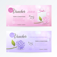 Set of gentle gift vouchers with hydrangea, paper shopping bag, bow on the pink and purple background. Vector template for gift card, coupon and certificate with flowers and effect bokeh.