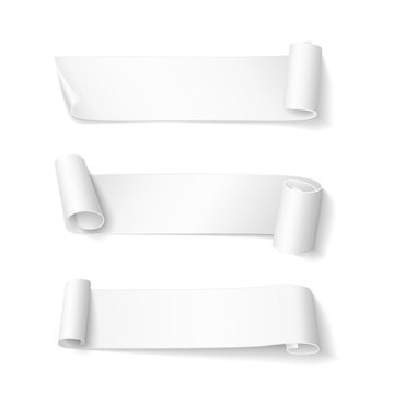 Set of short curved white ribbons. Vector realistic elements for banners and promotional design. Isolated from the background.